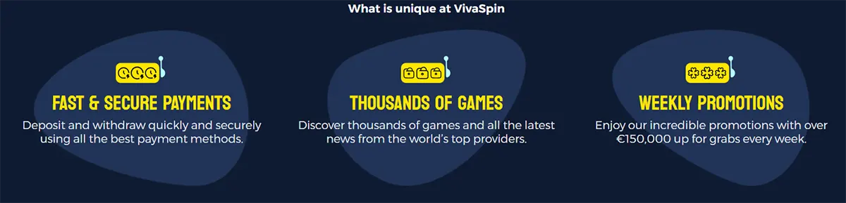 VivaSpin highlights its key features: fast and secure payments, thousands of casino games from top providers, and weekly promotions with prizes over €150,000.