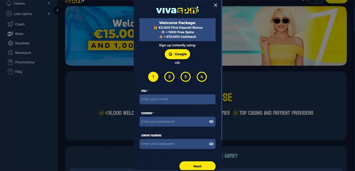 VivaSpin casino registration form with welcome package details, Google sign-up option, and fields for email and password.