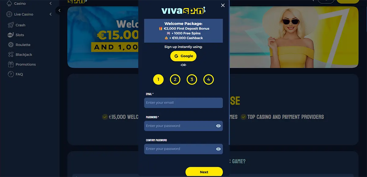 VivaSpin casino registration form with welcome package details, Google sign-up option, and fields for email and password.
